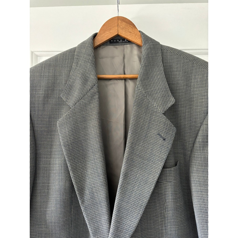 Hugo Boss Apollon Blazer Mens 46R Grey Blue Micro Check Wool Sport Coat USA Made